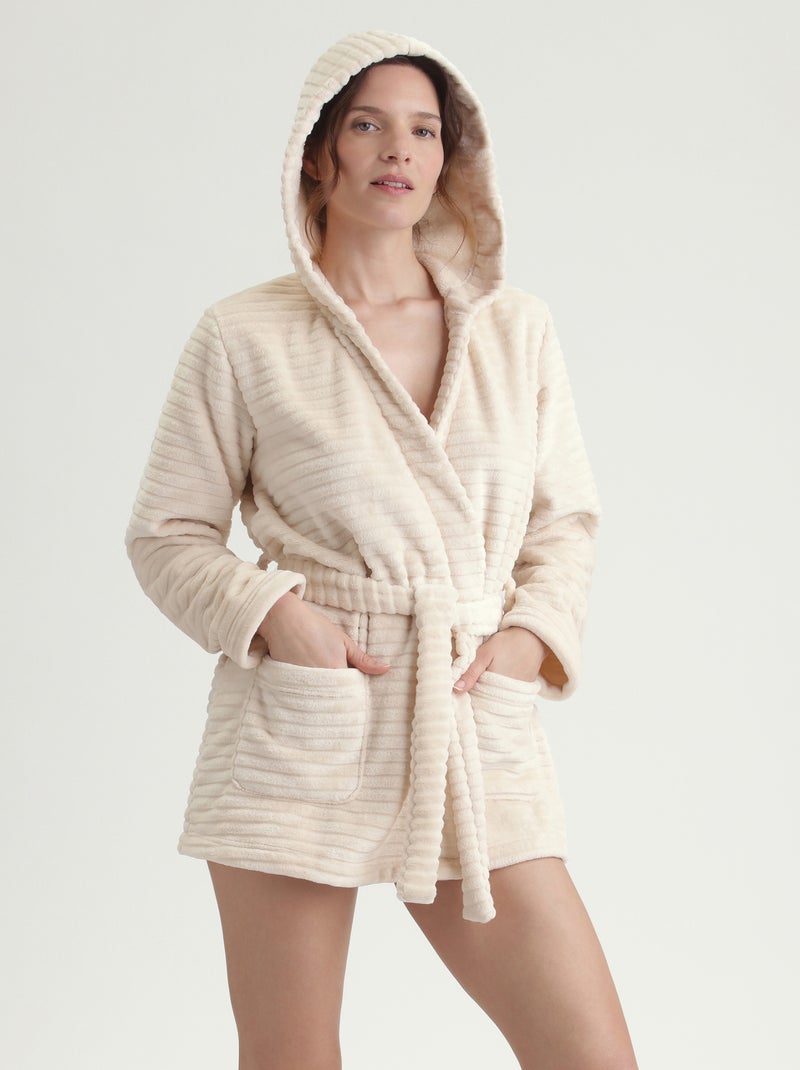 Peignoir à capuche long effet peluche Beige - Kiabi