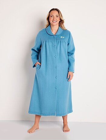 Peignoir boutonné long molleton brodé col châle