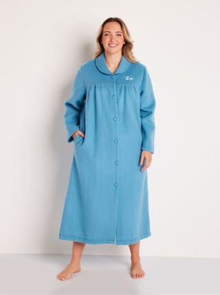 Peignoir boutonné long molleton brodé col châle