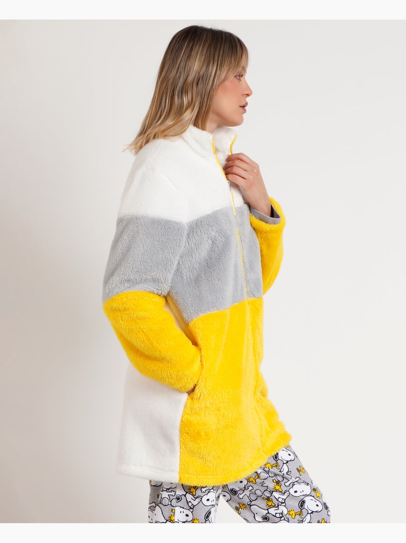 Peignoir chaud à manches longues pour femme PEANUTS avec rayures Snoopy amusantes Bleu Jaune - Kiabi