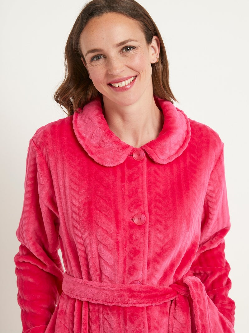 Peignoir chaud mi long boutonné maille fantaisie Rose framboise - Kiabi