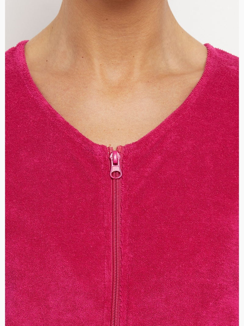 Peignoir de bain éponge coton uni zippé - Afibel Rose - Kiabi