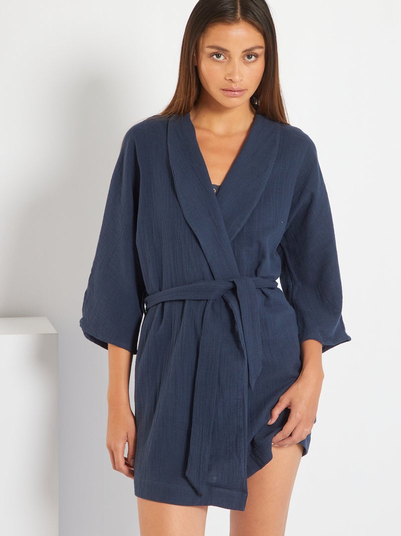 Peignoir de nuit gaze de coton bleu marine - Kiabi