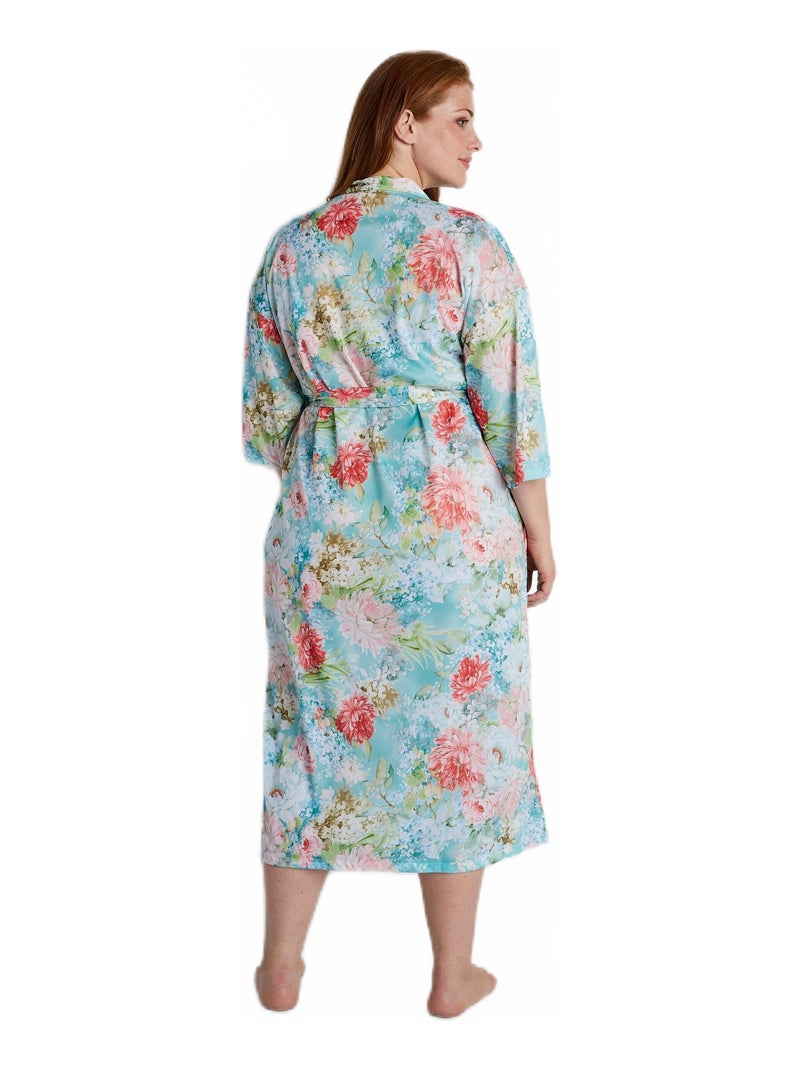 Peignoir kimono fluide satiné fleuri Vert - Kiabi