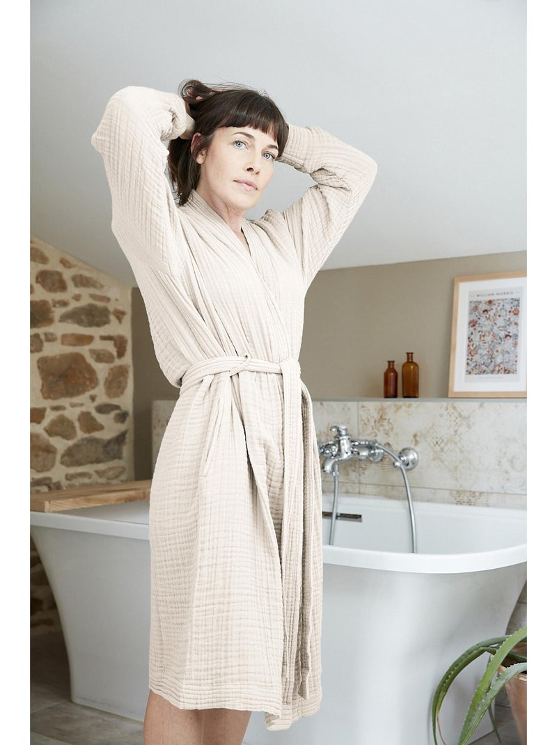 Peignoir kimono mixte en quadruple gaze de coton 220 g/m² Beige - Kiabi