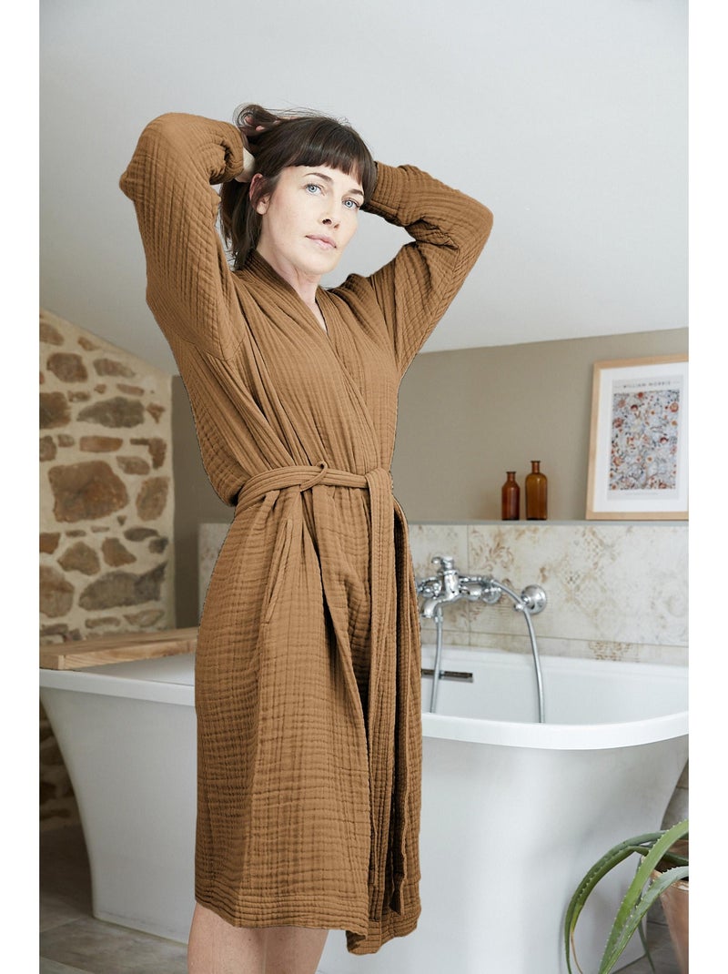 Peignoir kimono mixte en quadruple gaze de coton 220 g/m² Camel - Kiabi