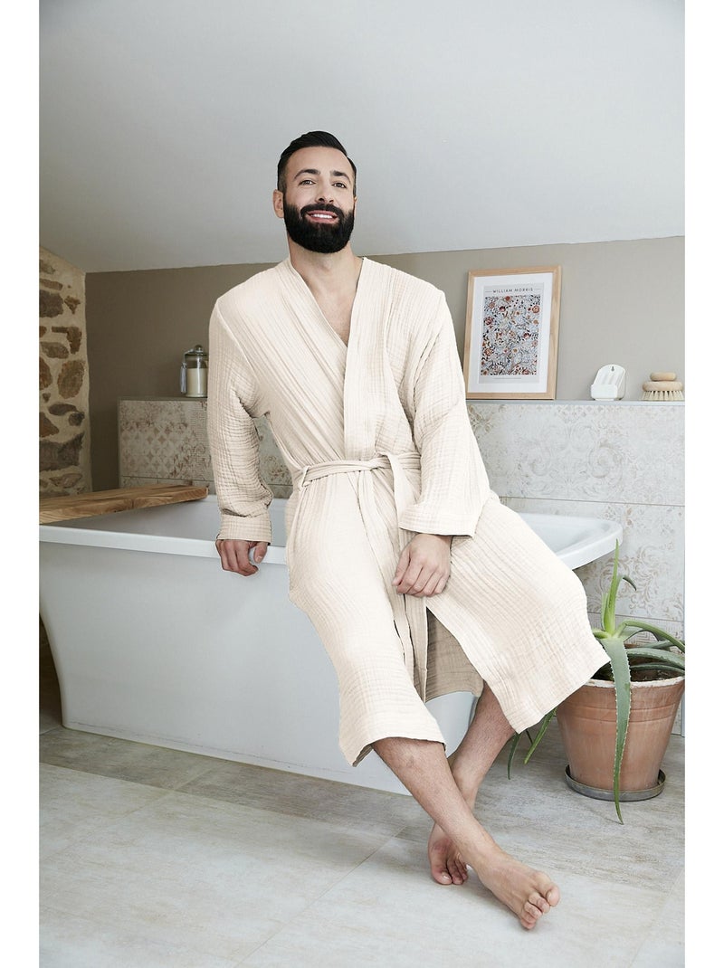 Peignoir kimono mixte en quadruple gaze de coton 220 g/m² – Gaïa Beige - Kiabi