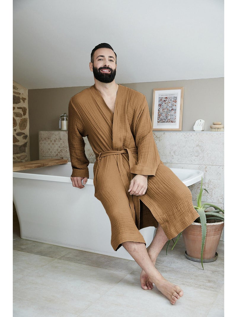 Peignoir kimono mixte en quadruple gaze de coton 220 g/m² – Gaïa Camel - Kiabi