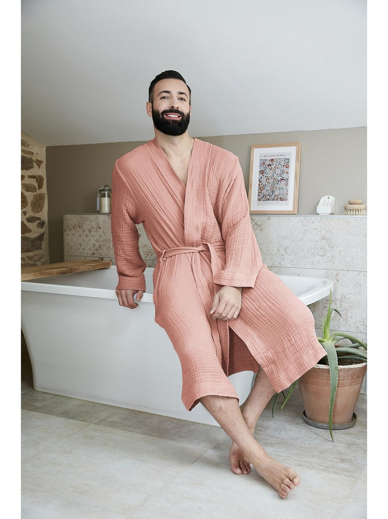 Peignoir kimono mixte en quadruple gaze de coton 220 g/m² – Gaïa Peche - Kiabi