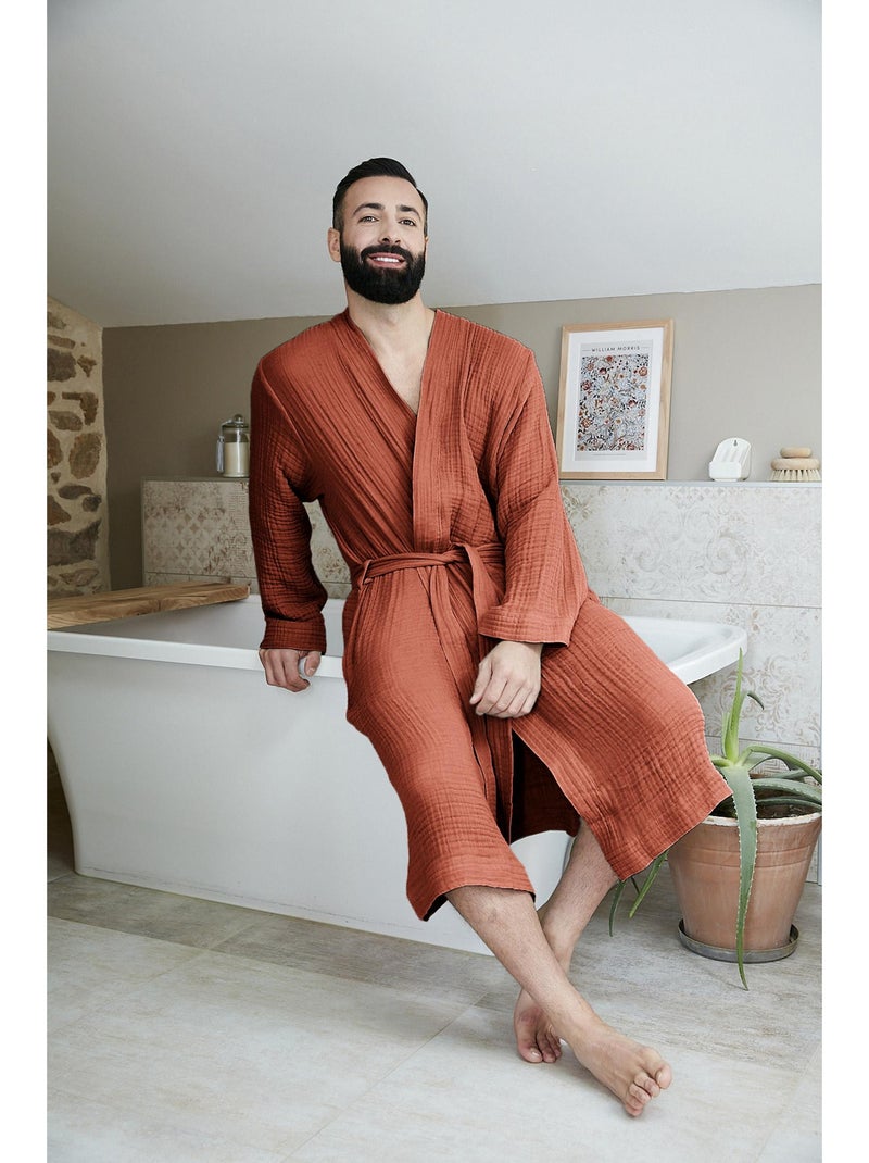 Peignoir kimono mixte en quadruple gaze de coton 220 g/m² – Gaïa Terracotta - Kiabi