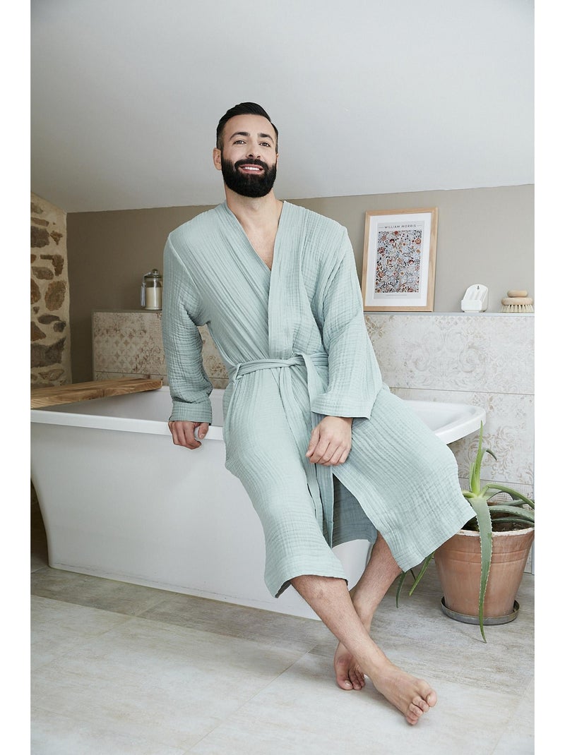 Peignoir kimono mixte en quadruple gaze de coton 220 g/m² – Gaïa Vert eucalyptus - Kiabi