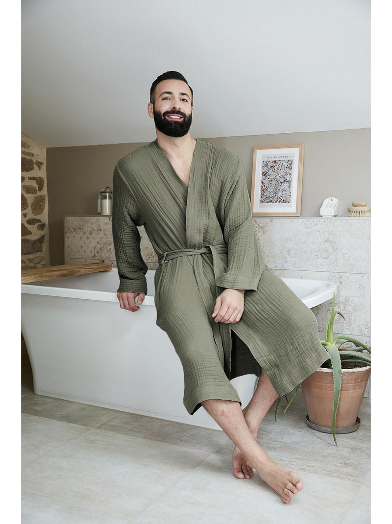 Peignoir kimono mixte en quadruple gaze de coton 220 g/m² – Gaïa Vert romarin - Kiabi