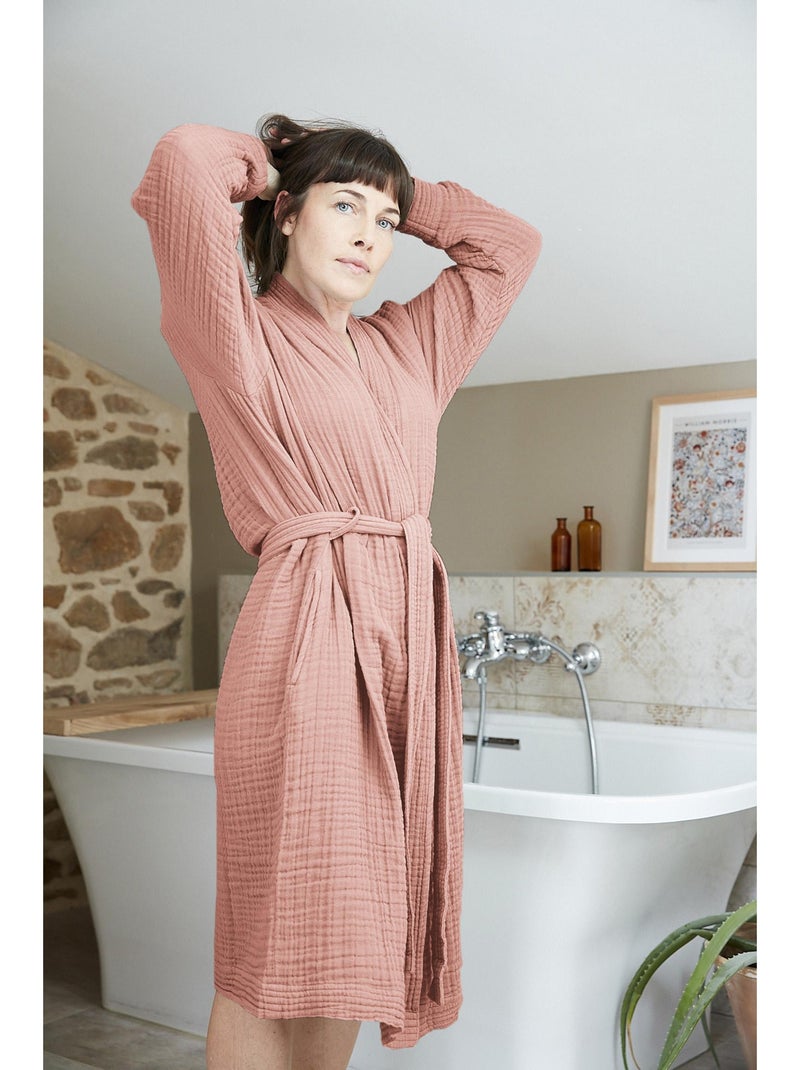 Peignoir kimono mixte en quadruple gaze de coton 220 g/m² Peche - Kiabi