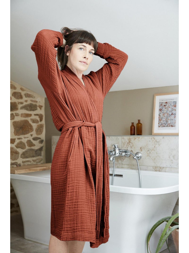Peignoir kimono mixte en quadruple gaze de coton 220 g/m² Terracotta - Kiabi