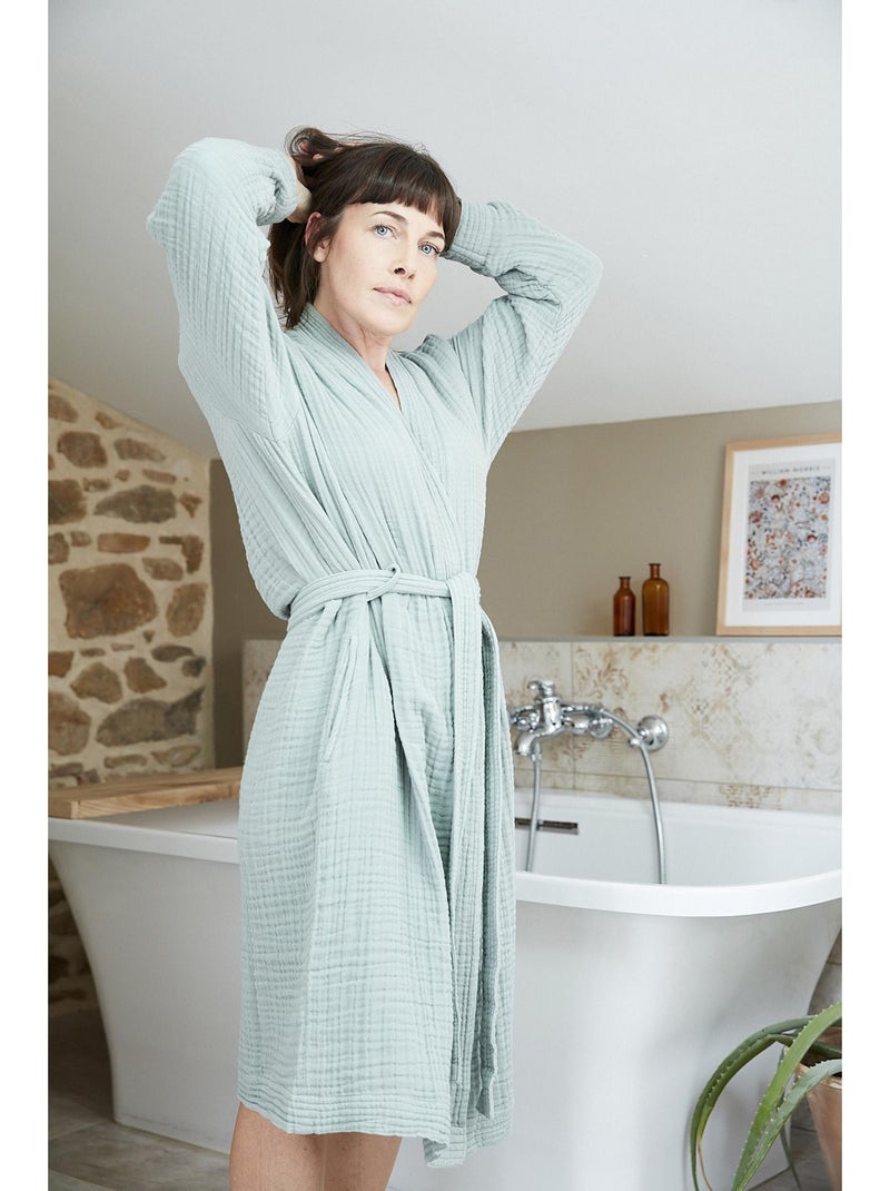 Peignoir kimono mixte en quadruple gaze de coton 220 g/m² Vert eucalyptus - Kiabi