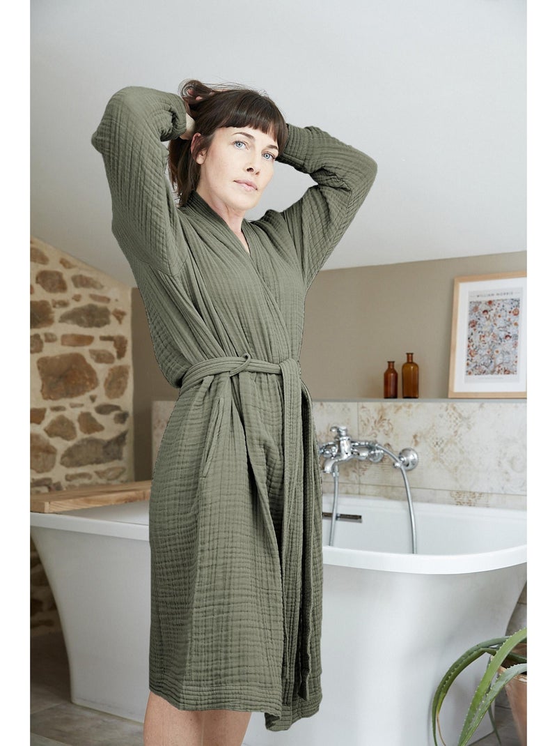 Peignoir kimono mixte en quadruple gaze de coton 220 g/m² Vert romarin - Kiabi