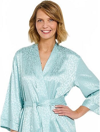 Peignoir kimono satiné mi long imprimé léopard - Afibel
