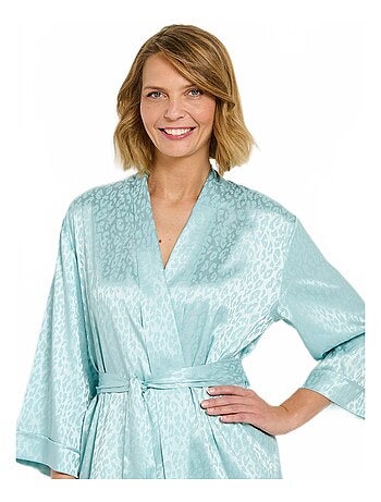 Peignoir kimono satiné mi long imprimé léopard