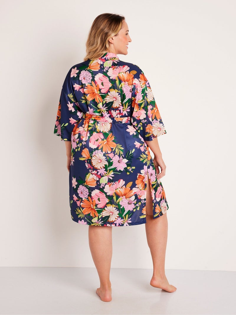 Peignoir kimono satiné végétal mi long Bleu - Kiabi