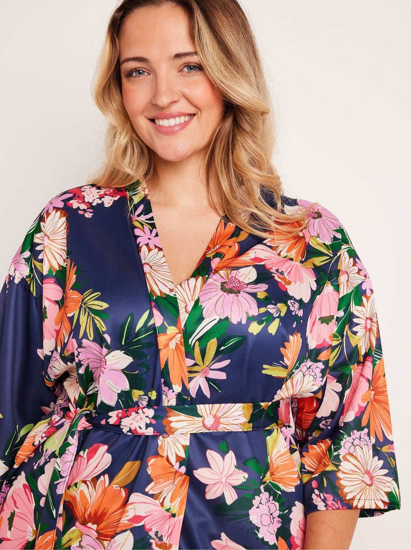 Peignoir kimono satiné végétal mi long Bleu - Kiabi