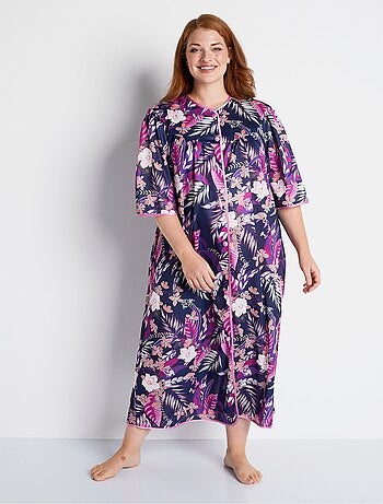 Peignoir long satiné fleuri boutonné - Afibel