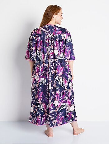 Peignoir long satiné fleuri boutonné