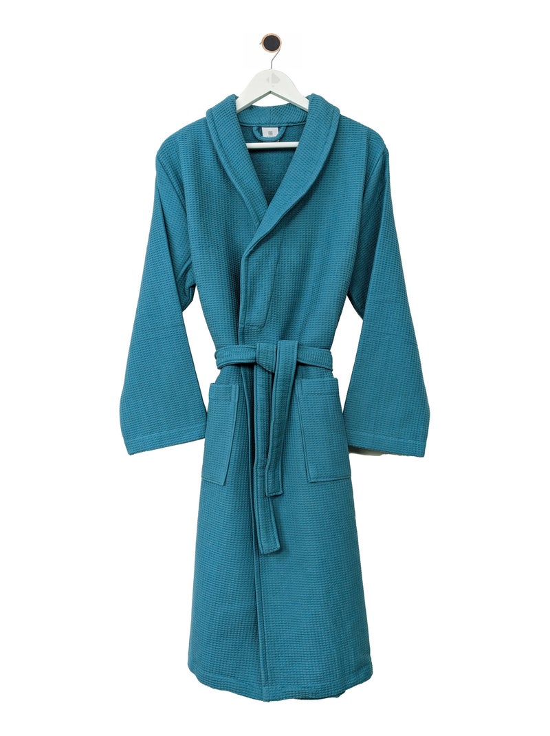 Peignoir nid d'abeille NATURAL col châle Bleu canard - Kiabi