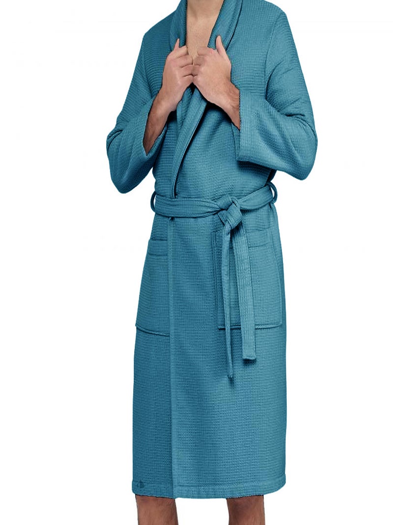 Peignoir nid d'abeille NATURAL col châle Bleu canard - Kiabi