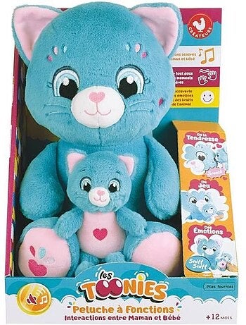 Peluche douce - jemini - toonies - maman chat intéractive et son bébé - +/- 26 cm - 6 fonctions