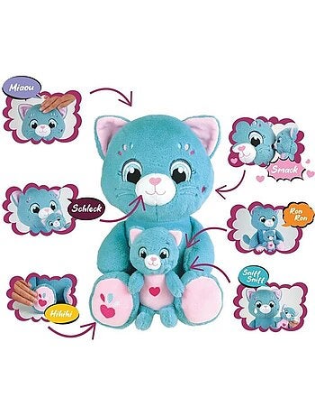 Peluche douce - jemini - toonies - maman chat intéractive et son bébé - +/- 26 cm - 6 fonctions
