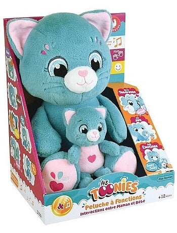 Peluche douce - jemini - toonies - maman chat intéractive et son bébé - +/- 26 cm - 6 fonctions