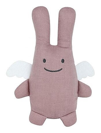 Peluche En Lin Ange Lapin Vieux Rose + Pochette En Coton (20 Cm)