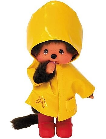 Peluche monchhichi - bandai - ciré iconique jaune - 20 cm