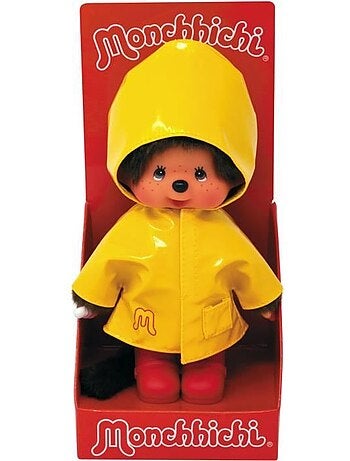 Peluche monchhichi - bandai - ciré iconique jaune - 20 cm