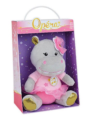 Peluche Musicale Opéra Un Hippopotame Avec Une Robe Rose - 18 cm