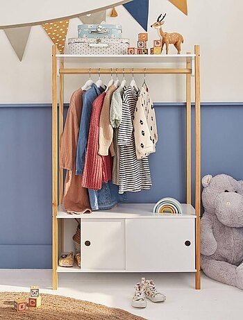 Penderie enfant bois massif 2 portes coulissantes avec portant Tobias
