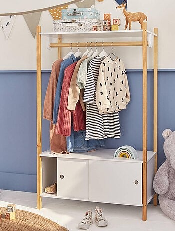 Penderie enfant bois massif 2 portes coulissantes avec portant Tobias