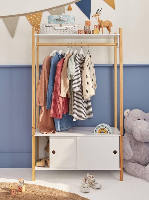 Penderie enfant bois massif 2 portes coulissantes avec portant Tobias - Kiabi