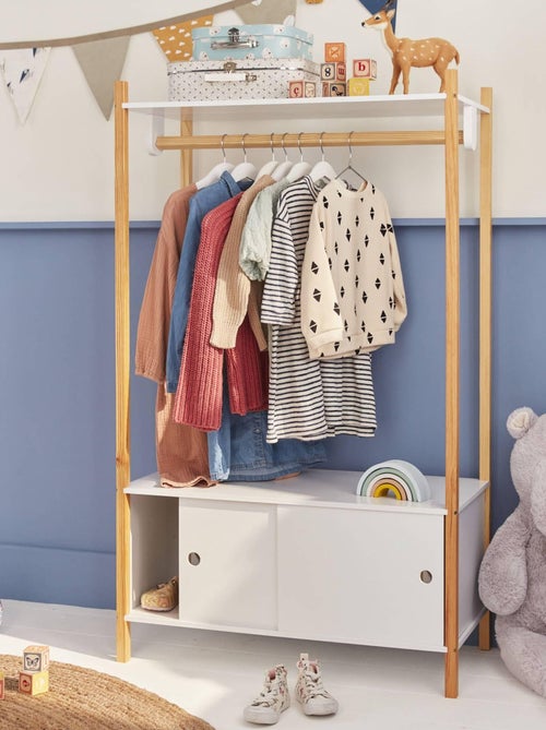 Penderie enfant bois massif 2 portes coulissantes avec portant Tobias - Kiabi