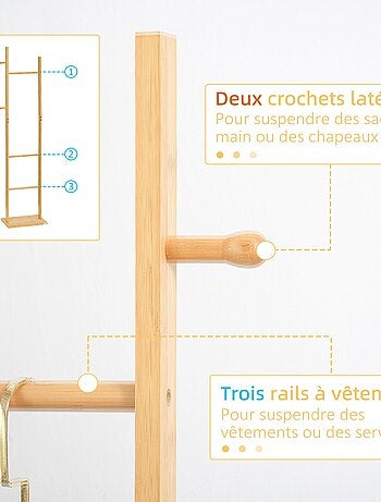 Penderie porte-manteaux - 3 barres, 2 patères - bois bambou
