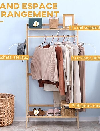 Penderie porte-manteaux avec étagères bois bambou