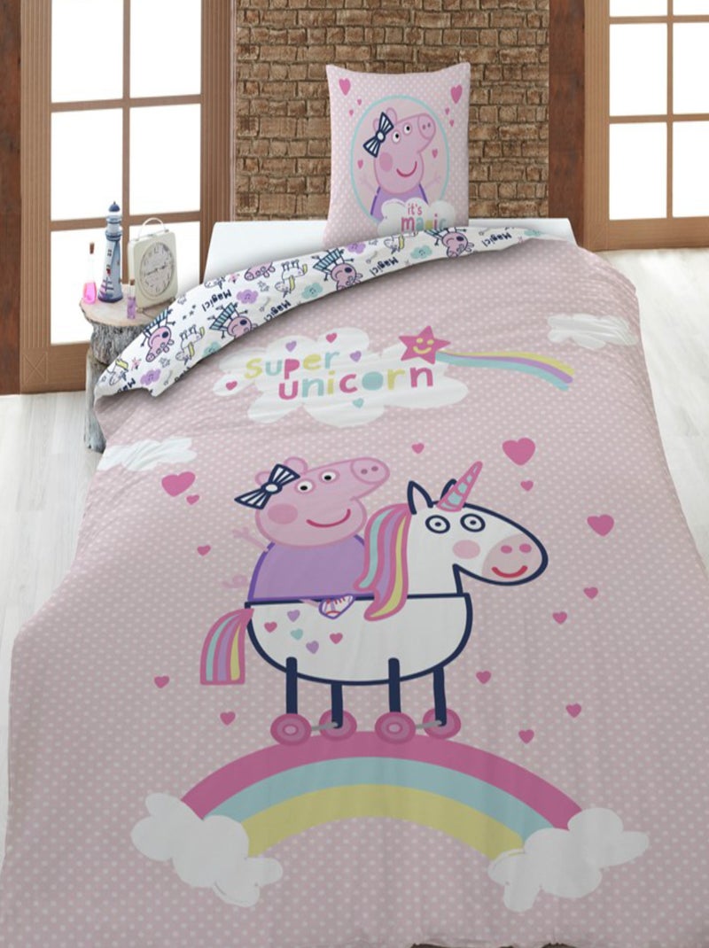 Peppa Pig, Parure de Lit Enfant Imprimée Réversible 100% Coton, LICORNE Rose - Kiabi