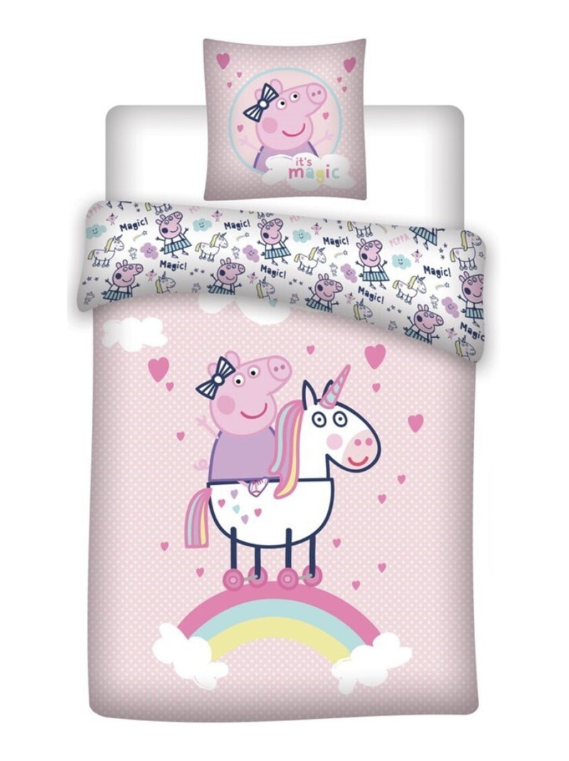 Peppa Pig, Parure de Lit Enfant Imprimée Réversible 100% Coton, LICORNE Rose - Kiabi