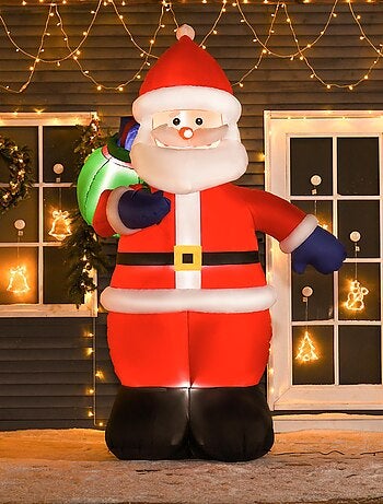 Père Noël gonflable LED 2,4H m avec hotte polyester imperméable rouge