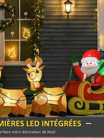 Père Noël gonflable LED avec traîneau, rennes, hotte polyester imperméable