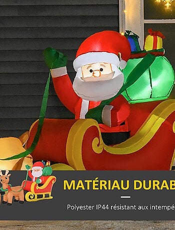 Père Noël gonflable LED avec traîneau, rennes, hotte polyester imperméable