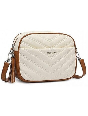 Petit sac bandoulière cuir tressé motif en v à pompons - miss lulu
