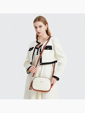 Petit sac bandoulière cuir tressé motif en v à pompons - miss lulu