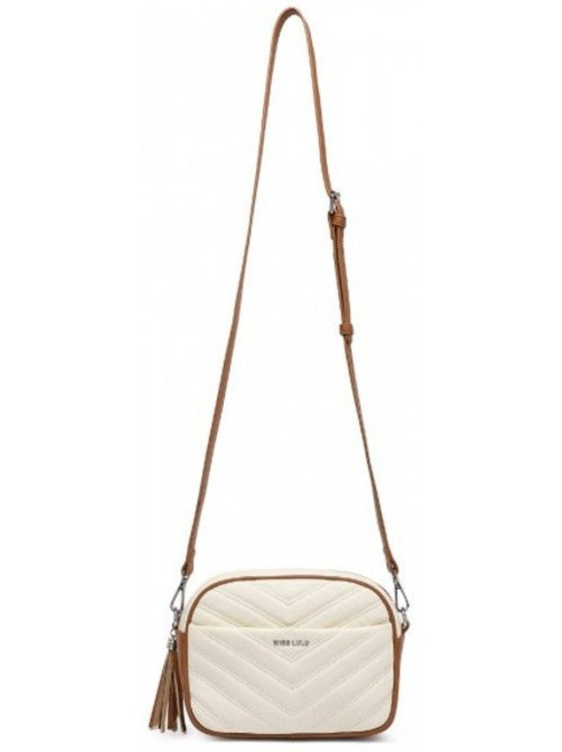 Petit sac bandoulière cuir tressé motif en v à pompons - miss lulu Beige - Kiabi