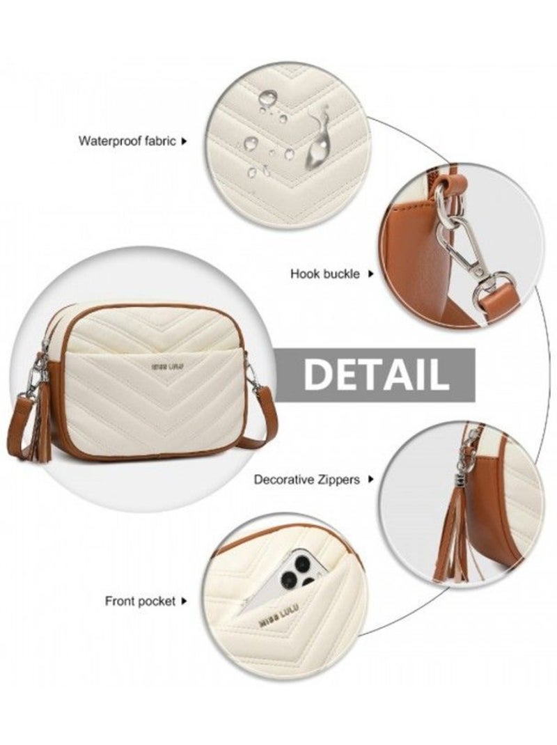 Petit sac bandoulière cuir tressé motif en v à pompons - miss lulu Beige - Kiabi